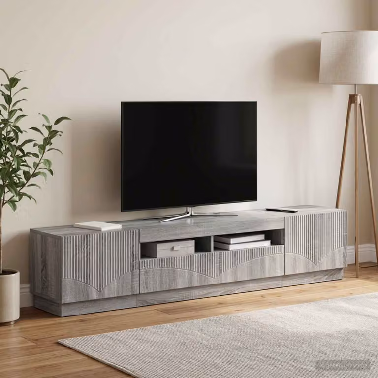 Mobile TV LED vidaXL HOORN in legno ingegnerizzato color Sonoma grigio con illuminazione integrata e scomparti multimediali