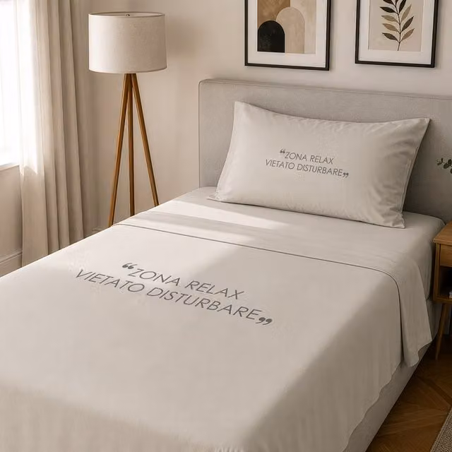 Completo letto KASANOVA in cotone con stampa Quotes, colore beige, 120x200 cm