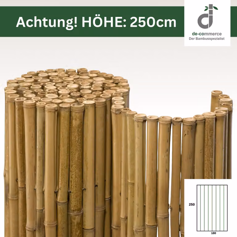 Schermo protettivo in bambù 250x180 cm (AxL) DELUXE Stuoia in bambù  250 cm di altezza | Recinzione da giardino Schermo protettivo per balcone | Rivestimento per recinzione in bambù naturale | Ø 20–30 mm