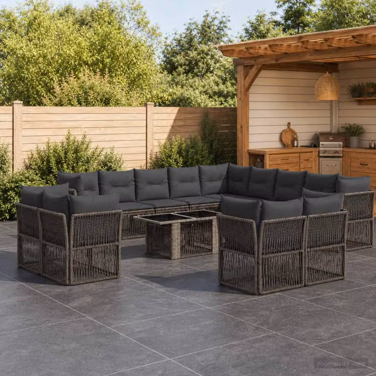 Set Divano da Giardino vidaXL 14 pz in Polyrattan Grigio con Cuscini e Tavolino