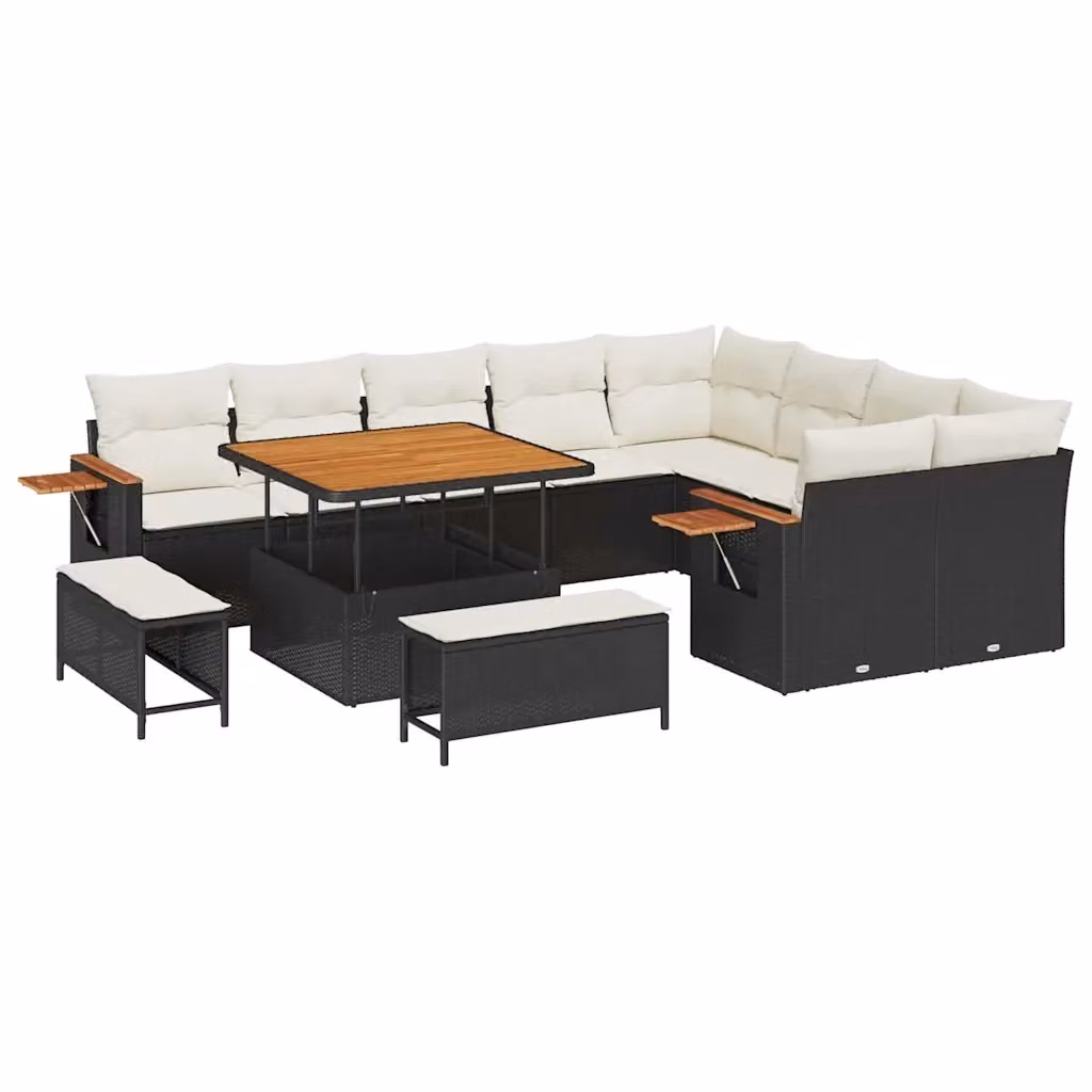 Set Divano da Giardino vidaXL 13 Pezzi a Forma di L con Tavolino e Pouf, Colore Nero e Beige – 2