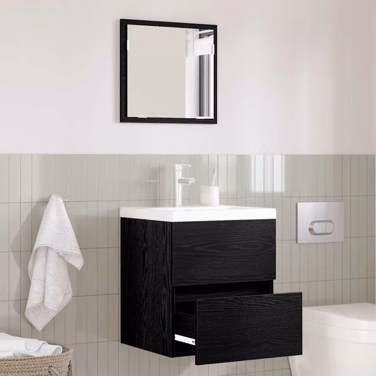 Mobile da bagno moderno vidaXL in legno nero con specchio e ante in vetro, L 41 cm x P 38,5 cm x H 45 cm