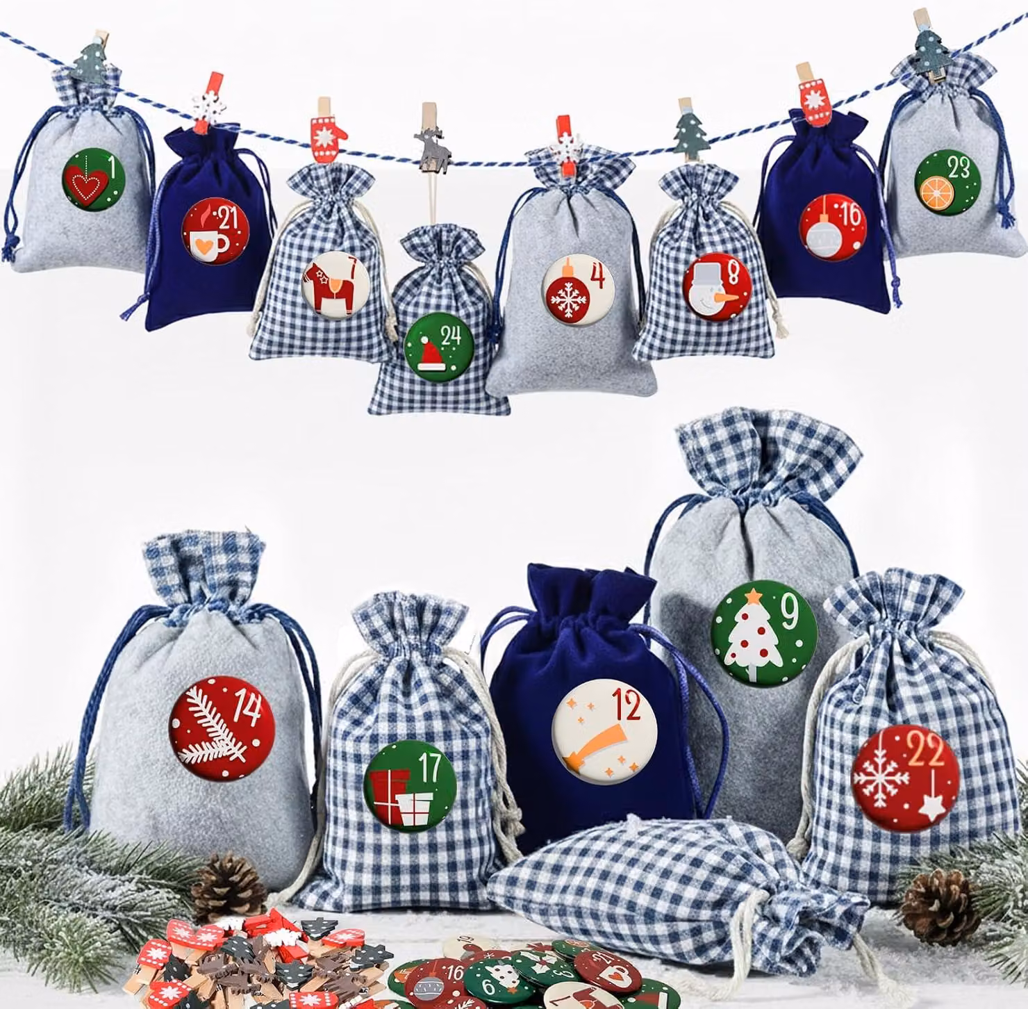 Calendario dell'Avvento da riempire con piccoli oggetti - 24 sacchetti per il calendario dell'Avvento - Grandi - Colori: blu e grigio - Calendario di Natale da riempire - Adatto a bambini e adulti