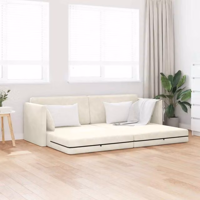 Divano-letto moderno vidaXL in velluto beige con funzione letto e cuscini inclusi L: 213 cm, P: 70 cm, H: 77 cm