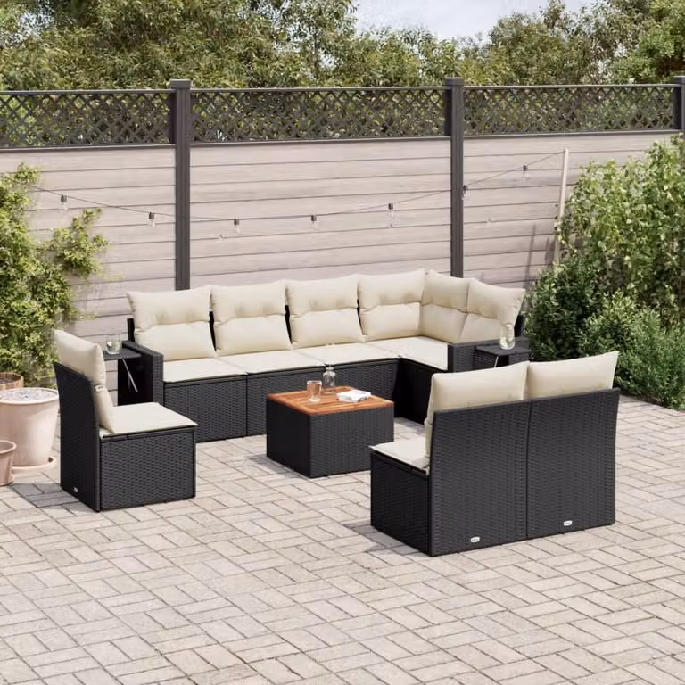 vidaXL Set Divani da Giardino a L 9 pz in Polyrattan Nero con Cuscini e Tavolino