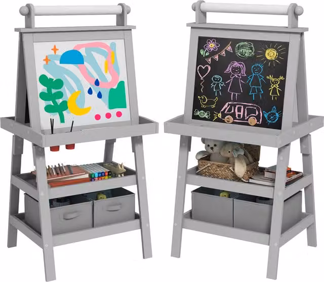 Cavalletto creativo 3 in 1 AIYAPLAY per bambini con lavagna magnetica, lavagna per gessetti e rotolo di carta, grigio