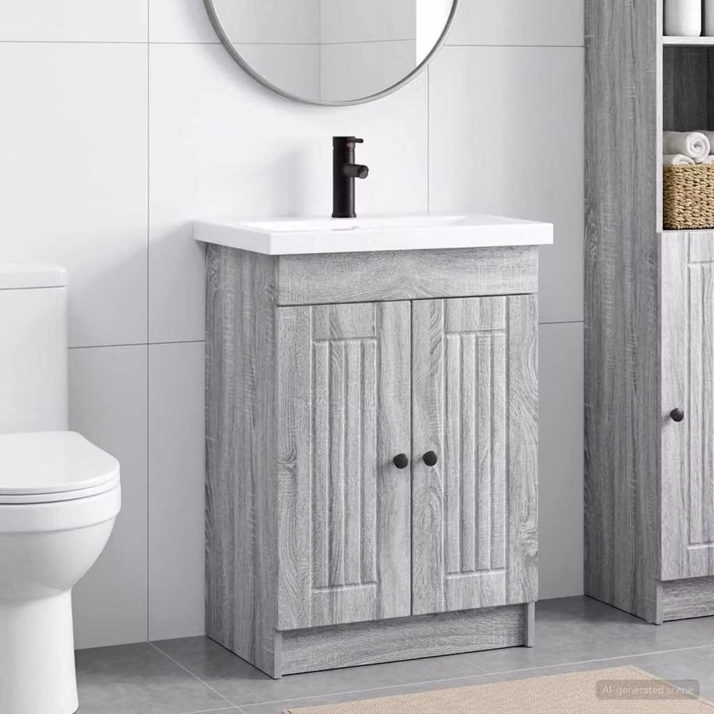 Set di mobili per il bagno vidaXL in stile moderno, colore grigio e nero, con ante a battente e ripiani interni, L: 56 cm, P: 37,5 cm, H: 81 cm