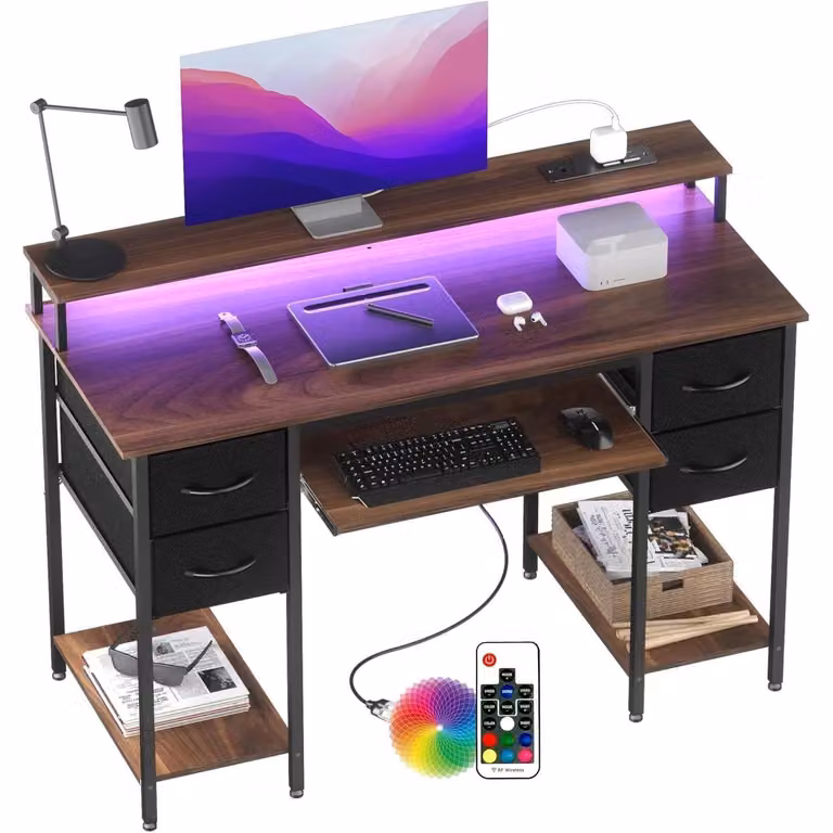 Scrivania da gaming con prese e illuminazione LED, 120x50 cm. Scrivania per computer in legno noce con cassetti e ripiano