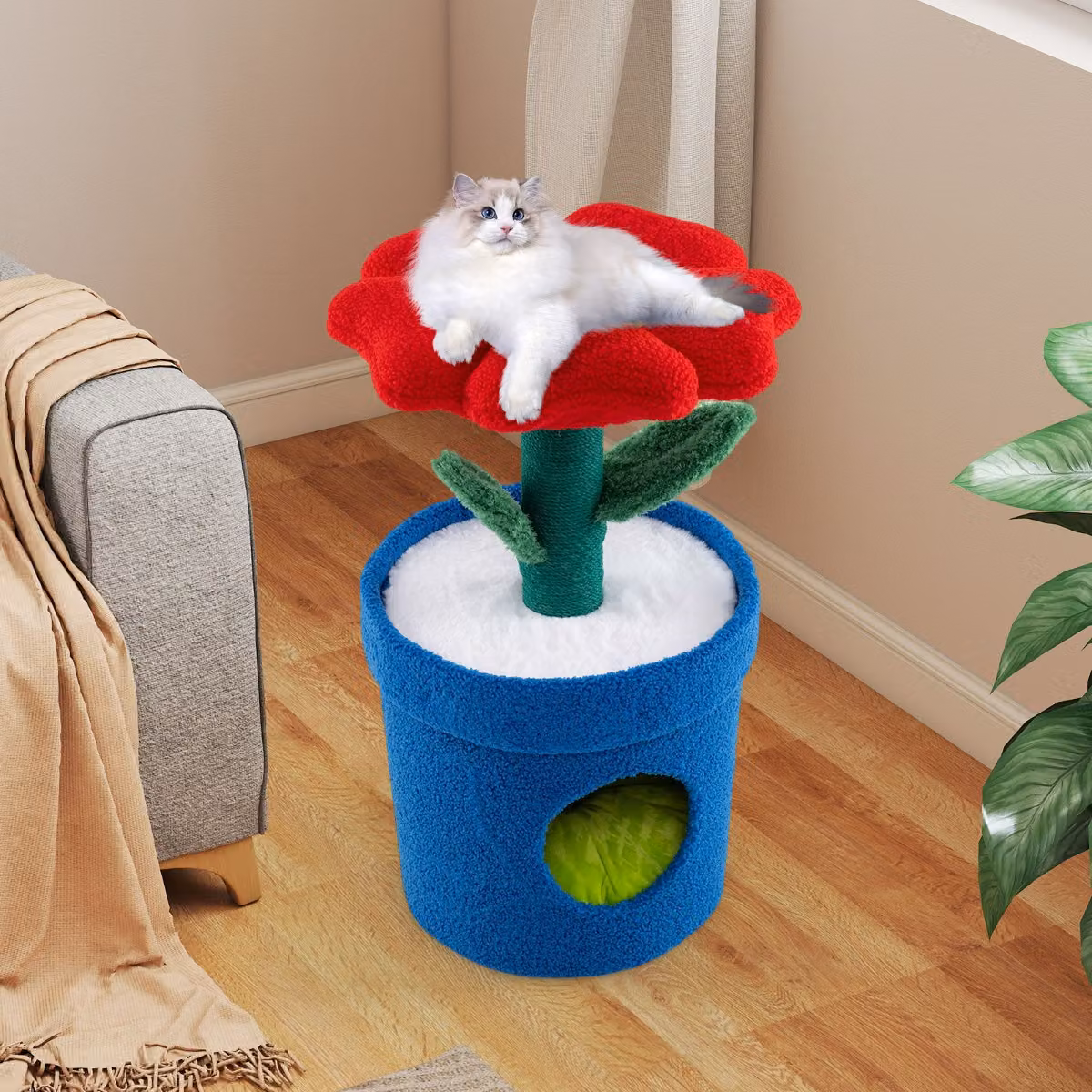 Albero per gatti da interno Costway con posatoio a forma di fiore e centro attività versatile, Rosso