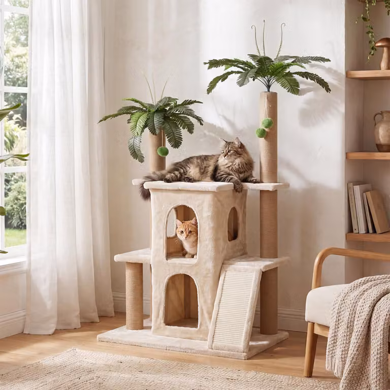 Albero per gatti alto 155 cm, grande albero per gatti adatto a 2 gatti, struttura a più livelli con 2 rifugi per gatti, 7 pali in sisal per graffiare, colore beige