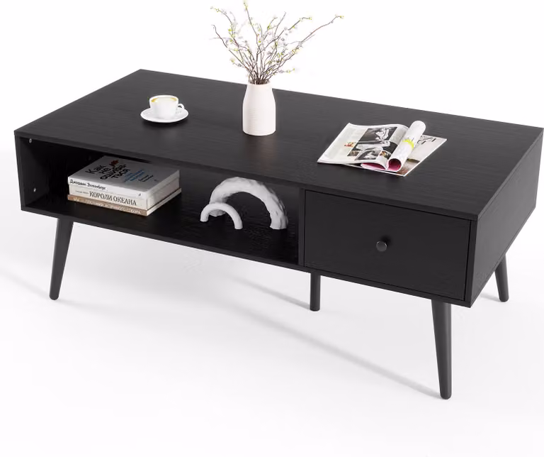 Tavolino COSTWAY con cassetto, vano portaoggetti, vano a giorno, tavolino da salotto, tavolino da divano in legno, tavolino, 109 x 55 x 39,5 cm, nero