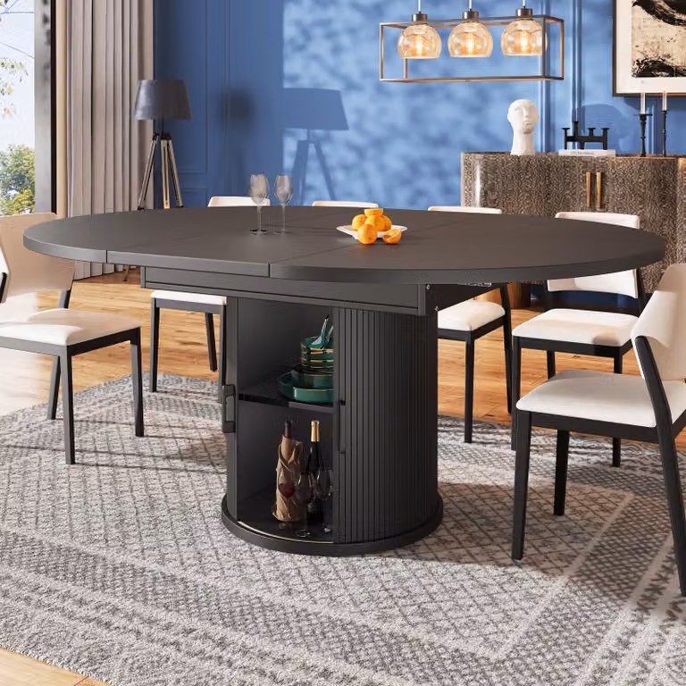 Tavolo da pranzo rotondo Flieks allungabile fino a diventare ovale, tavolo telescopico 118-158x118x76,8 cm, tavolo da cucina con vano portaoggetti e ante scorrevoli, grande tavolo rotondo nero
