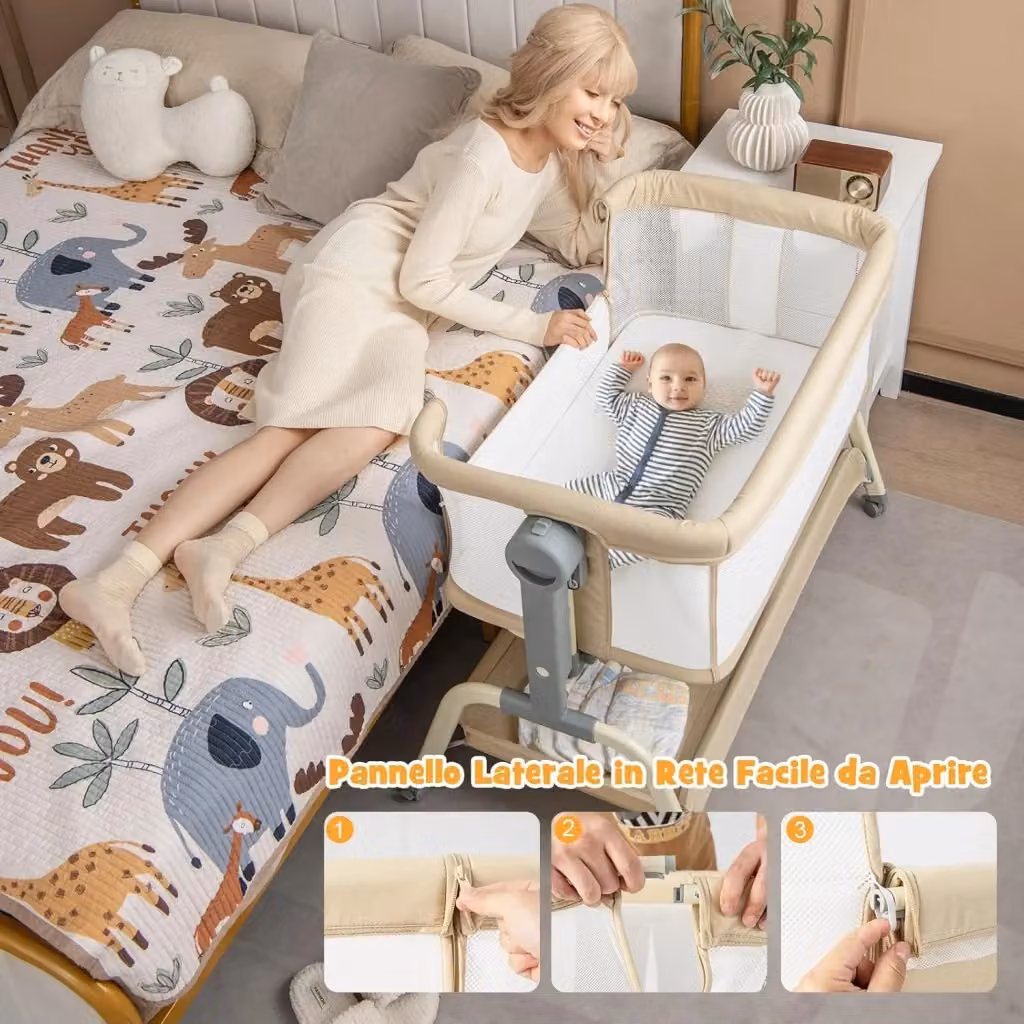 Culla Neonato Co-sleeping 4 in 1 Costway, Beige, con Spondina Apribile, Altezza Regolabile, Inclinabile, Materasso, Ruote, Borsa da Viaggio e Zanzariera, adatta da 0 a 6 mesi fino a 9 kg – 2
