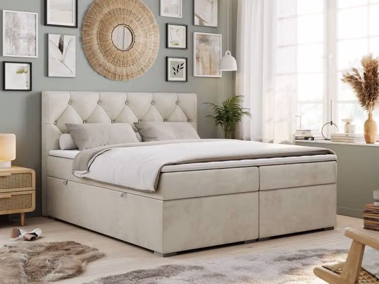 Boxspring con testiera trapuntata ALDA - 140x200 cm - Materasso multipocket H4 | Beige velluto - Topper T25