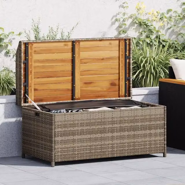 Panca portaoggetti da giardino vidaXL in polyrattan e legno di acacia grigio e marrone L: 110 cm, P: 48 cm, H: 52 cm – 1