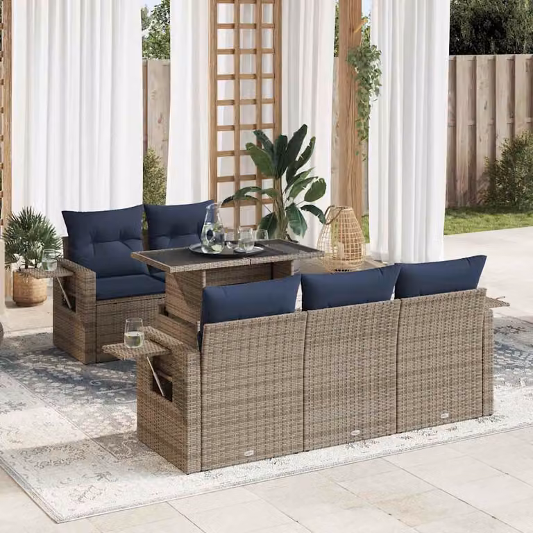 Set Divano da Giardino a L vidaXL in Polyrattan con Cuscini e Tavolino da Caffè, 6 Pezzi, Grigio e Blu