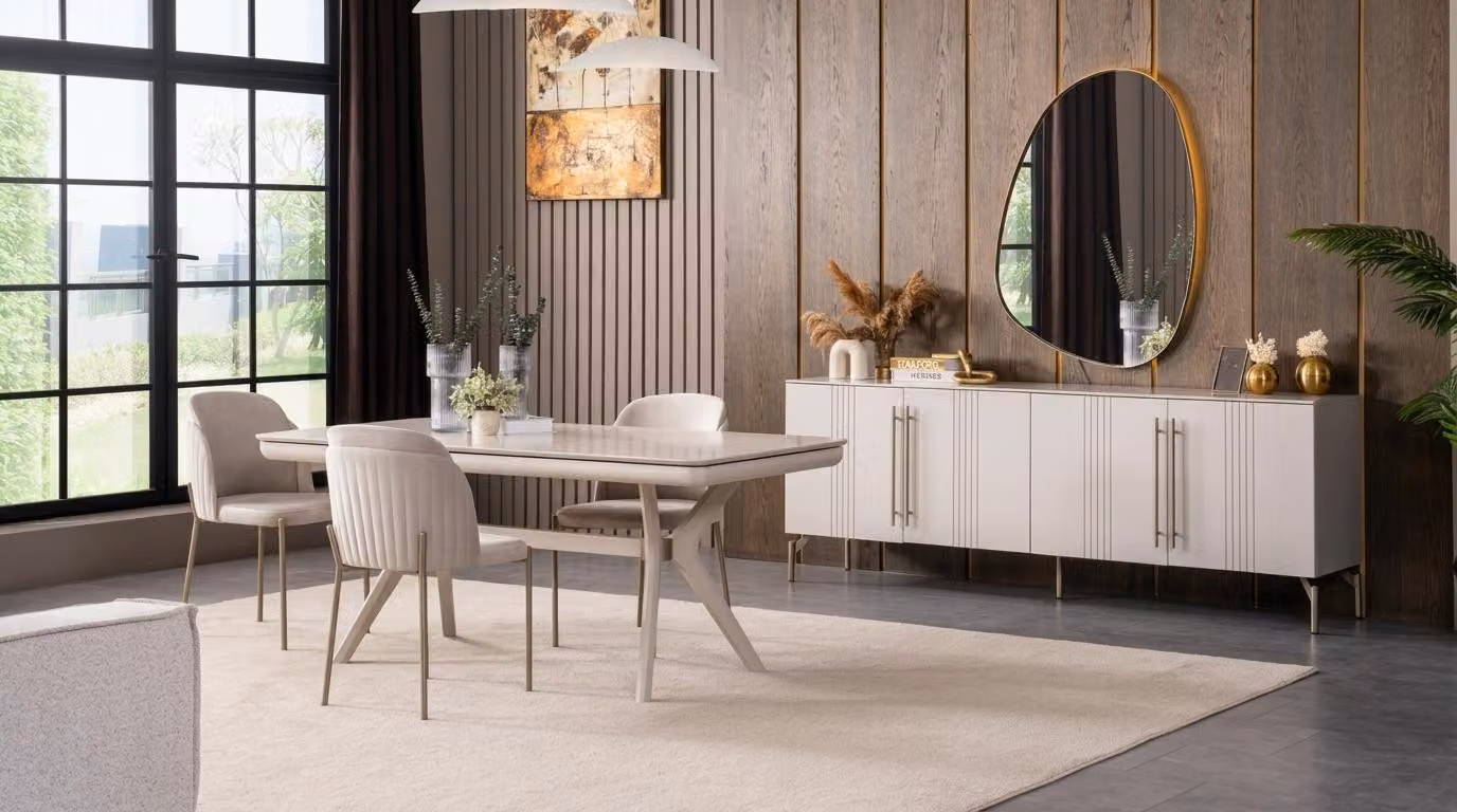 Tavolo da pranzo, 4 sedie, consolle, specchio, stile moderno, colore bianco, forma rettangolare, per la sala da pranzo
