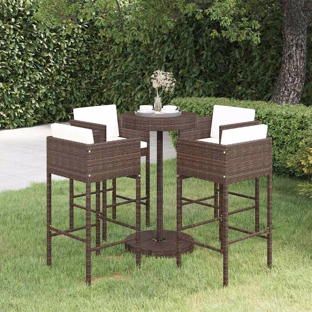 vidaXL Set da Bar da Giardino 5 pz in Polyrattan Marrone con Cuscini Bianchi