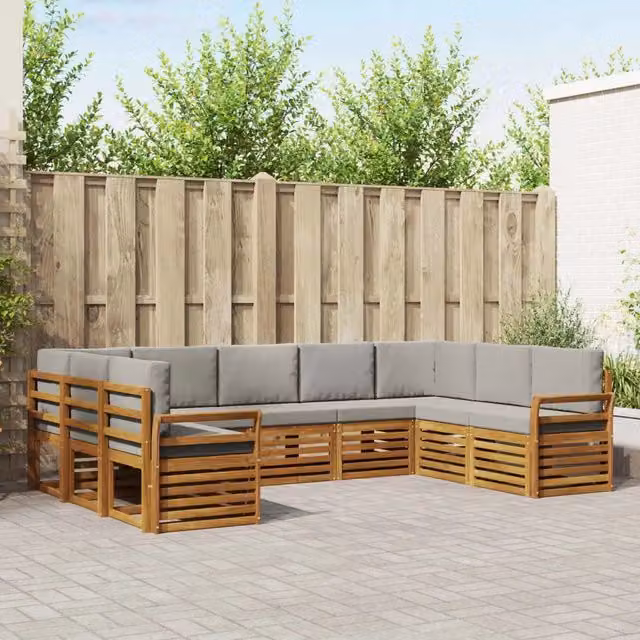 Set di divani da esterno a L vidaXL in legno di acacia con cuscini grigi, 9 pezzi – 1