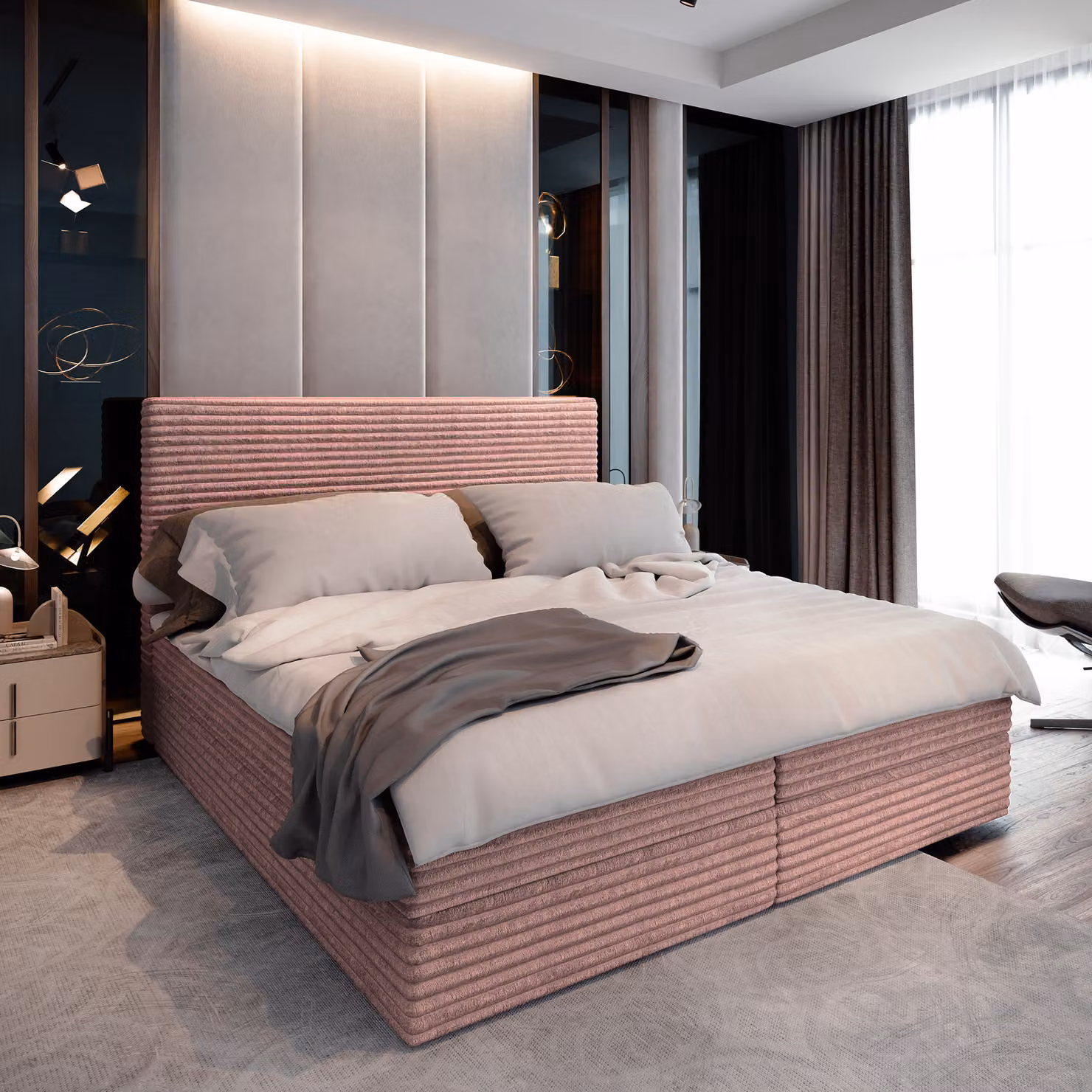 Letto a molle Masseno PISA 140x200 cm completo di materasso e topper Bonell, letto imbottito con cassettiera - rosa, TILIA 62