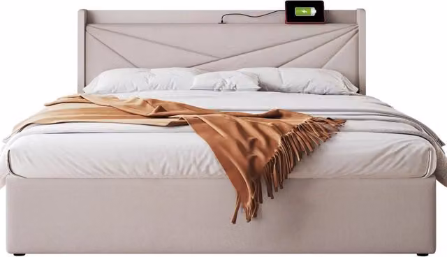 Letto matrimoniale 160x200 in lino beige letto con contenitore e testiera USB/Type-C