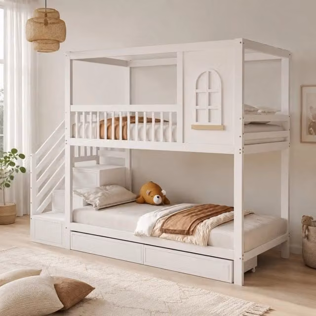 Letto a castello per bambini 90x200 cm con scala a cassetti e cassetti sottletto; bianco