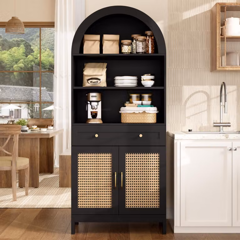 Mobiletto da cucina Merax con ante in rattan, mobiletto alto con vetrine, cassetto e spazio contenitivo, pensile per cucina, soggiorno o ingresso, colore nero