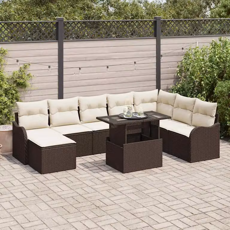 Set Divano da Giardino Moderno vidaXL in Poly Rattan Marrone con Cuscini e Tavolino da Esterno 9 Pezzi