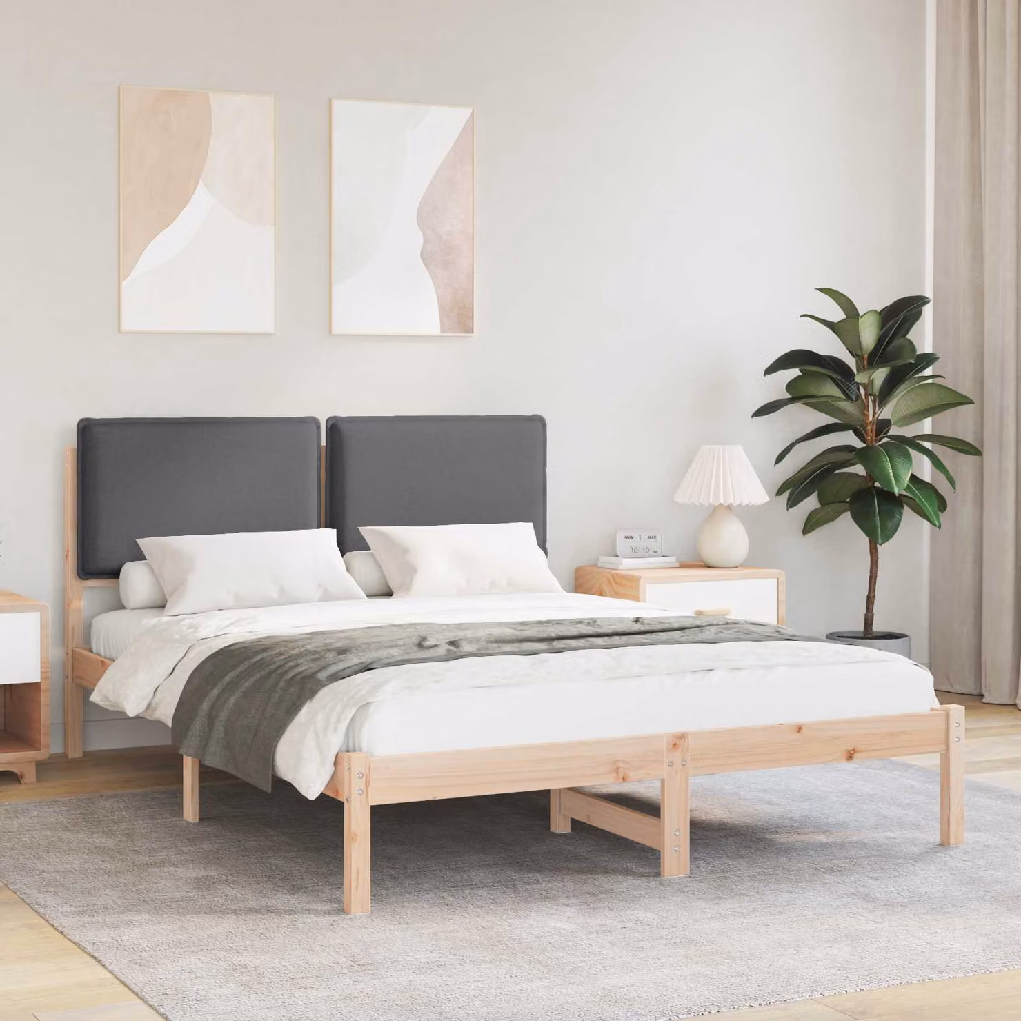 Letto con Testiera Rivestita vidaXL in Legno di Pino e Tessuto Grigio L/P/H: 200 x 140 x 84,5 cm – 1