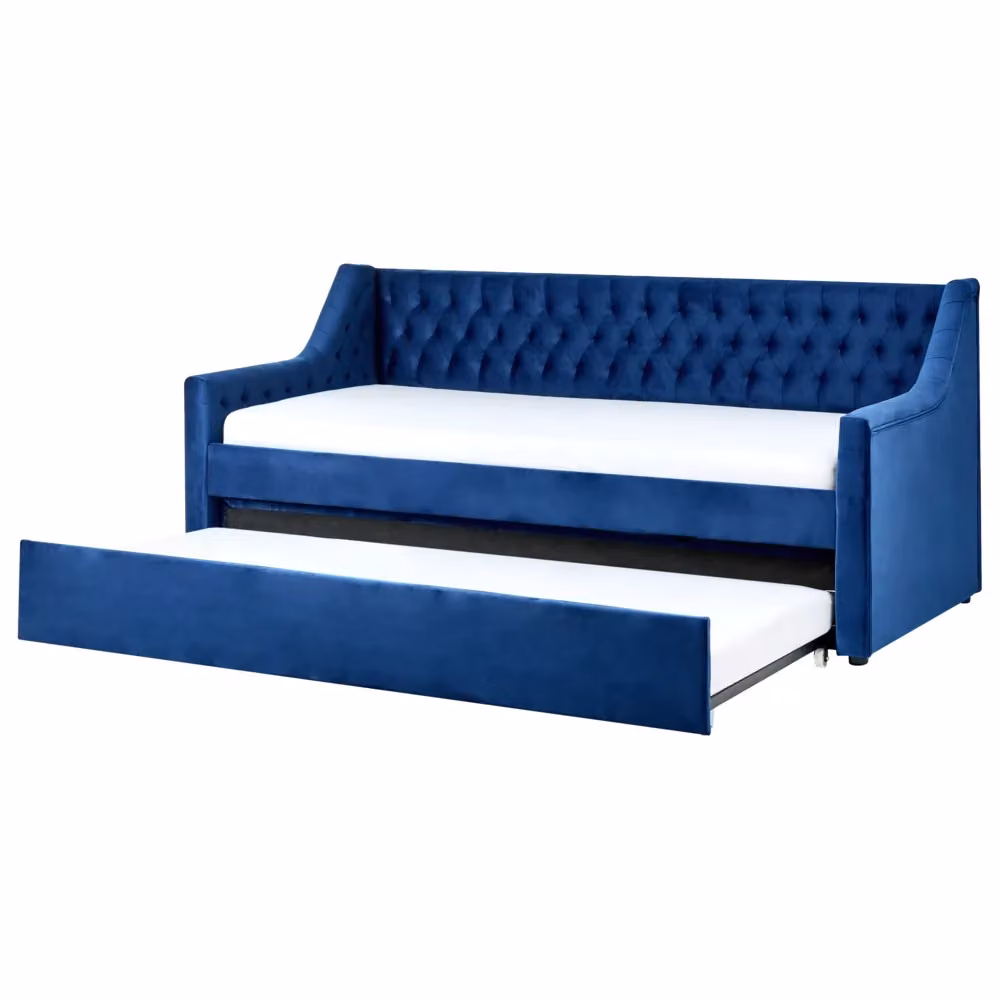Letto da Giorno Estraibile Beliani in Velluto Blu con Rete a Doghe L: 90 cm, P: 200 cm, H: 91 cm – 2