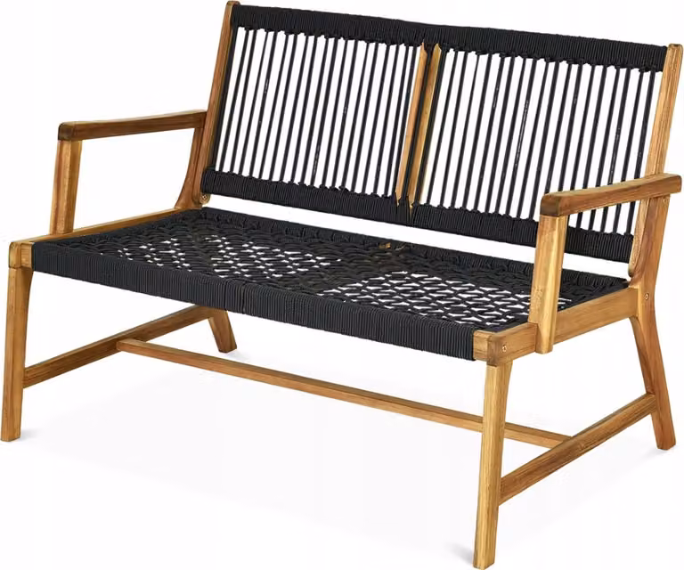 Panca da giardino 119x74x81cm, panca da giardino in corda di nylon, panca in legno massiccio di acacia, panca da parco con bracciolo, per balcone, terrazza, giardino