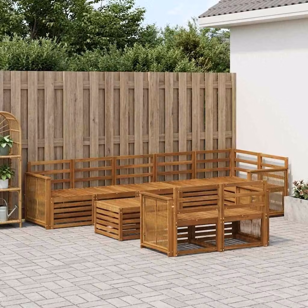 Set di divani da esterno vidaXL in legno di acacia massello con cuscini, composizione a U con tavolino, colore marrone e bianco