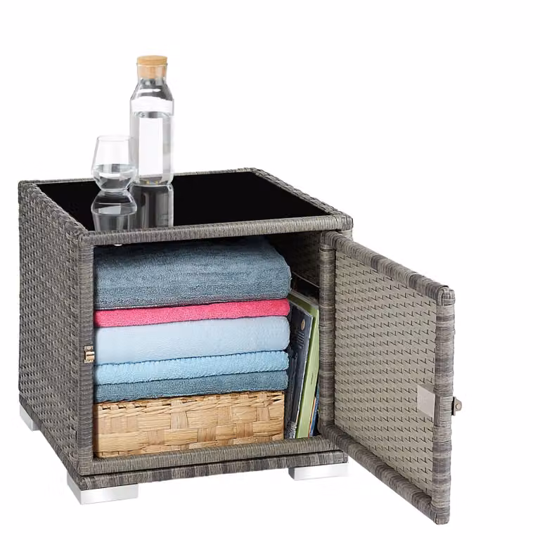 Set di 2 lettini in rattan con struttura in alluminio verniciato a polvere e tavolino TecTake GmbH, colore grigio e beige, con poggiatesta regolabile e coperture rimovibili