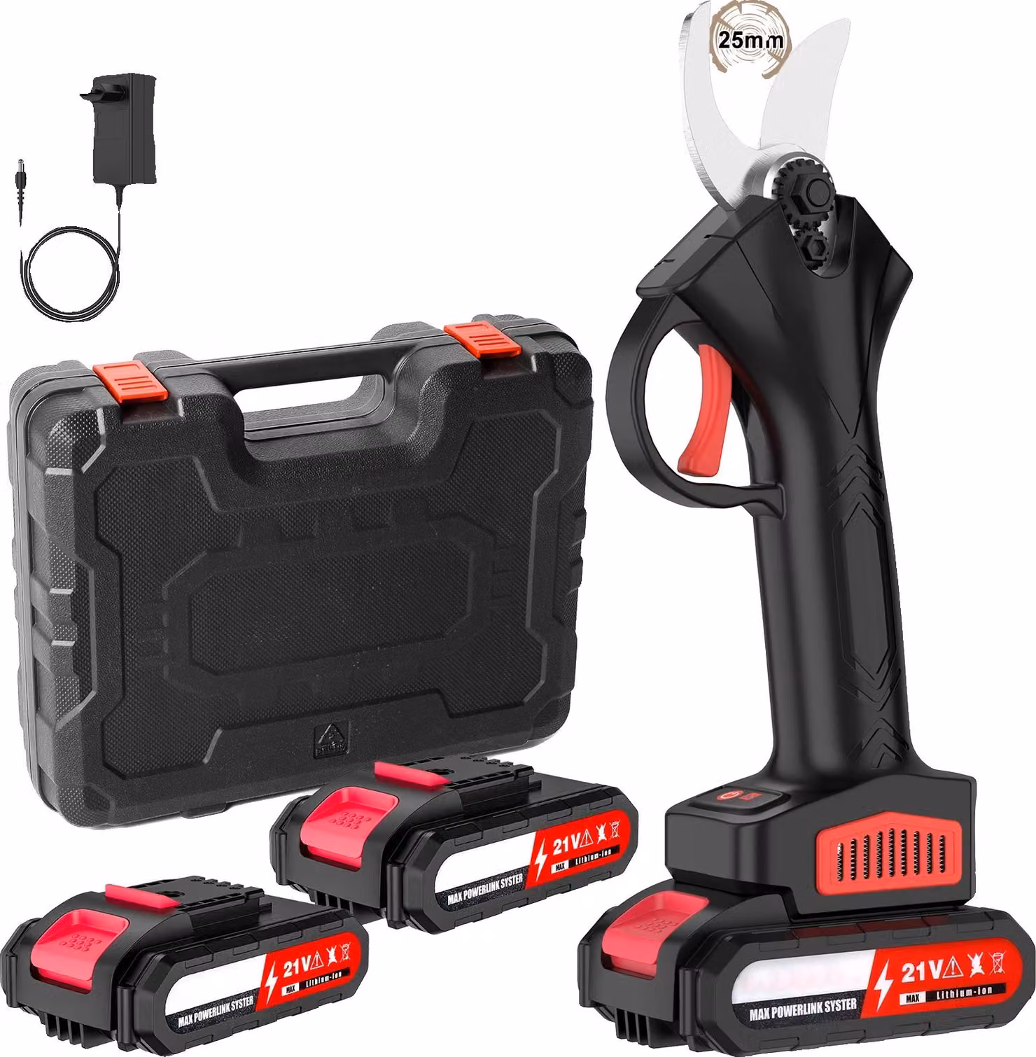 Forbici elettriche a batteria, diametro di taglio 25 mm, 2 * batterie da 21 V, incluso caricabatterie e custodia, 2 * batterie