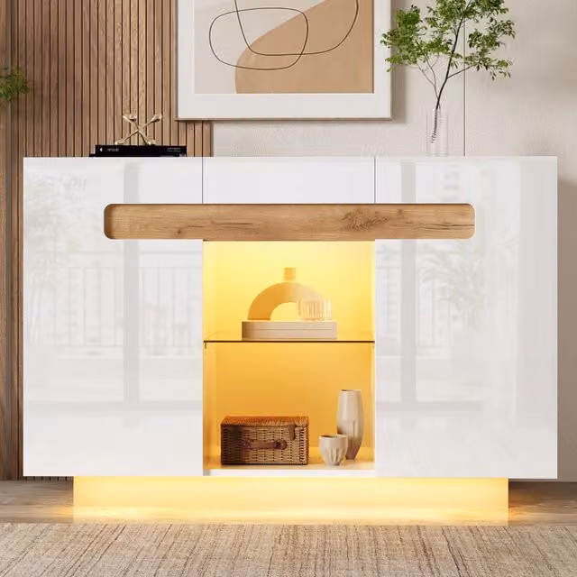 Sideboard LED con illuminazione, 4 ripiani e 2 vani aperti, fronte lucido, bianco e effetto legno naturale, 120x40x80 cm, per soggiorno e cucina