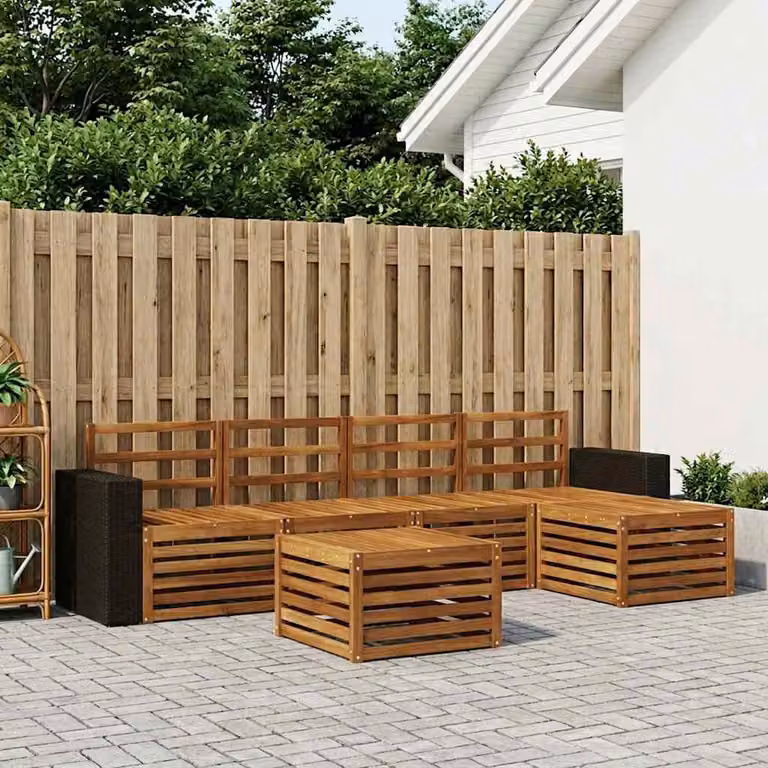 Set di divani da esterno vidaXL a forma di L in legno di acacia con tavolino e pouf, colore marrone e beige