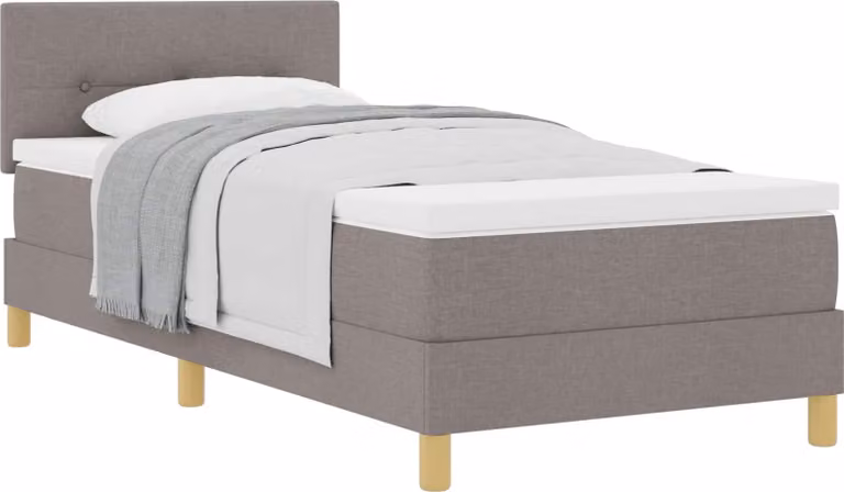 Letto imbottito con boxspring, cuscini e testiera color taupe, dimensioni 100 x 200 cm, rivestito in tessuto