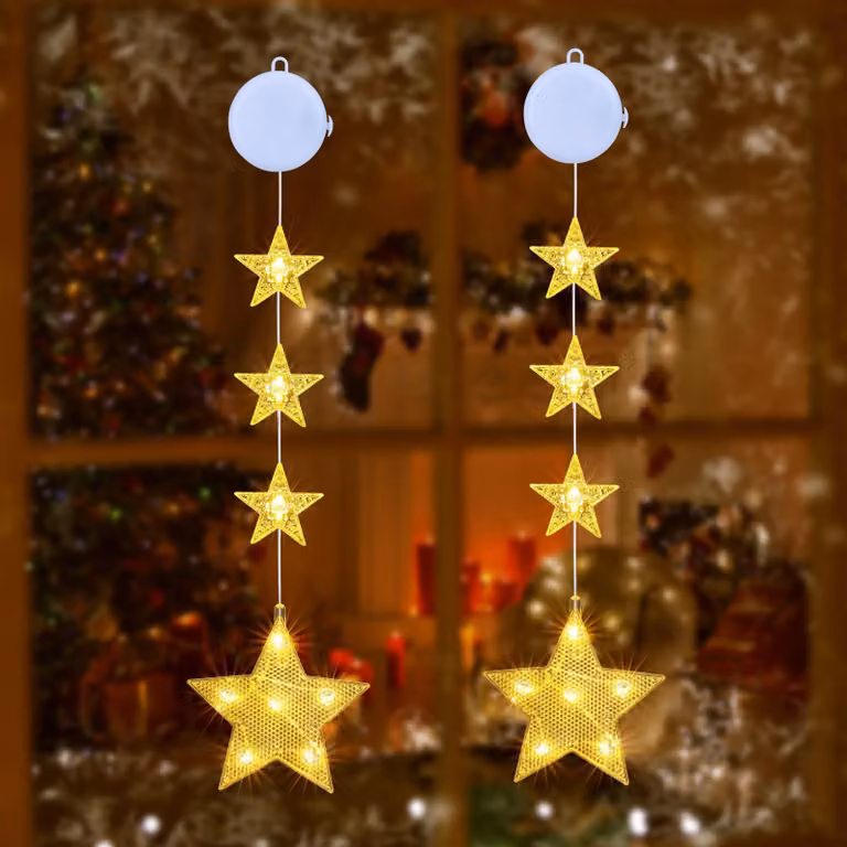 Tende luminose a forma di stelle, 2 pezzi, luce bianco caldo, alimentazione a batteria, con timer