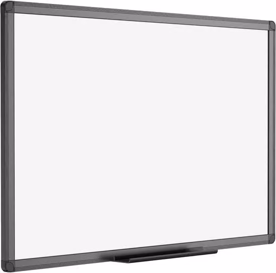 Lavagna magnetica bianca da parete con cornice in alluminio nero e supporto per pennarelli L 90 cm
