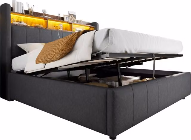Letto matrimoniale 160x200 cm con contenitore idraulico; LED; USB e USB-C; grigio