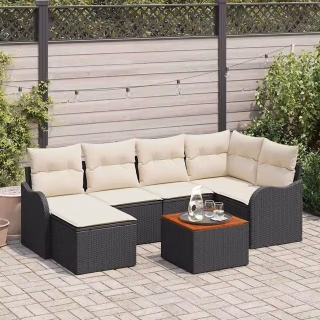 Set Divano da Giardino 7 pz Nero e Crema polyrattan 3356143