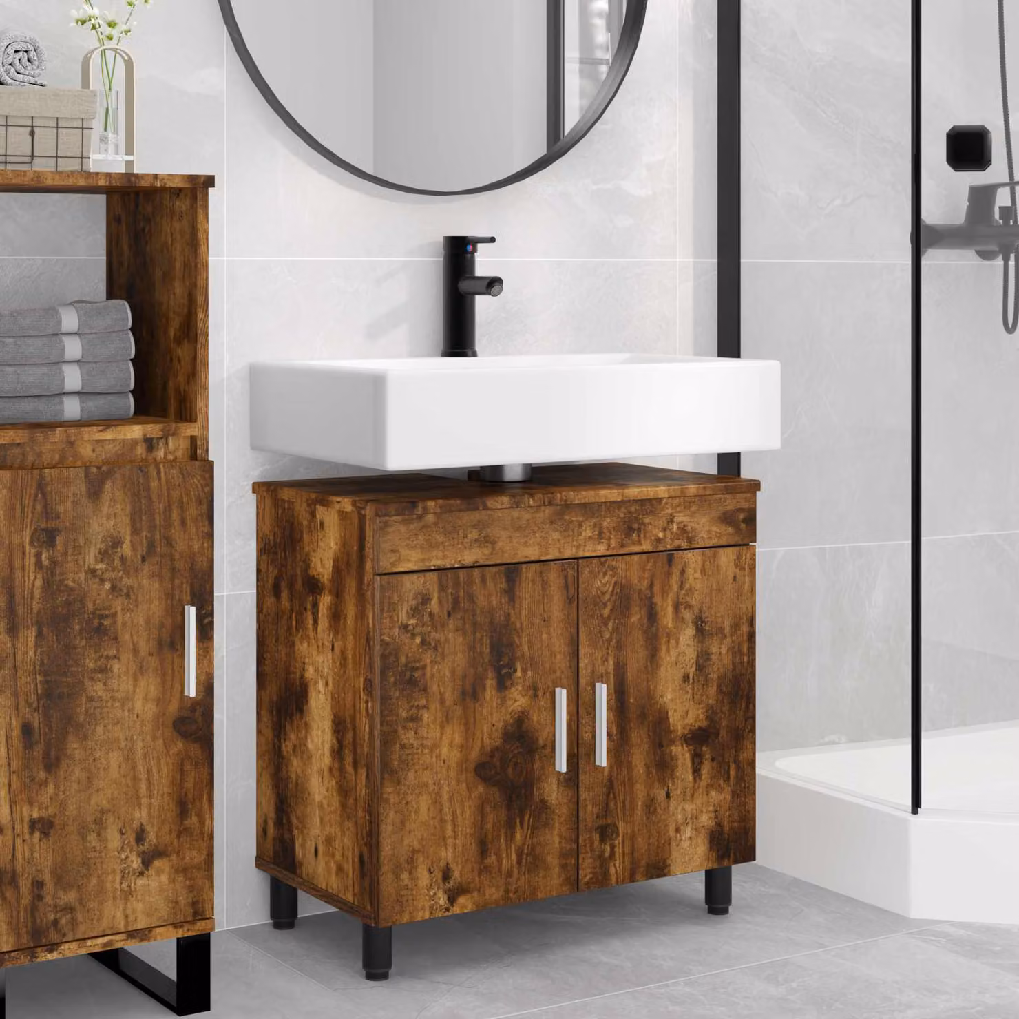 Mobiletto da bagno moderno vidaXL in legno color rovere fumo con ante a battente e ripiani interni L/P/H: 60 x 35 x 60 cm