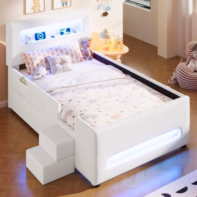 Letto singolo imbottito 90x200 cm con cassetto; gradini; luci LED e USB; struttura in PU e MDF bianca