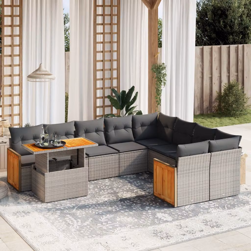 vidaXL Set Divano da Giardino 10 pz in Polyrattan Grigio con Cuscini e Tavolino – 1