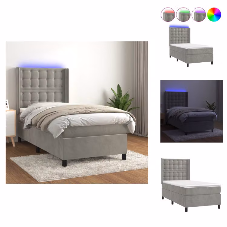 vidaXL Letto a molle con materasso e LED in velluto grigio chiaro 80x200 cm - Letti & strutture letto