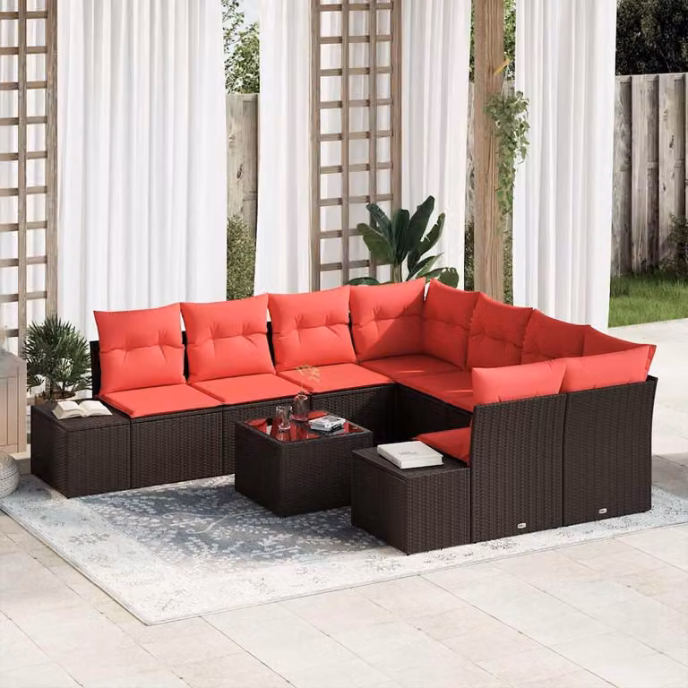 Maison Exclusive - Set da giardino composto da 9 pezzi, divano e poltrone, in rattan sintetico beige e rosso