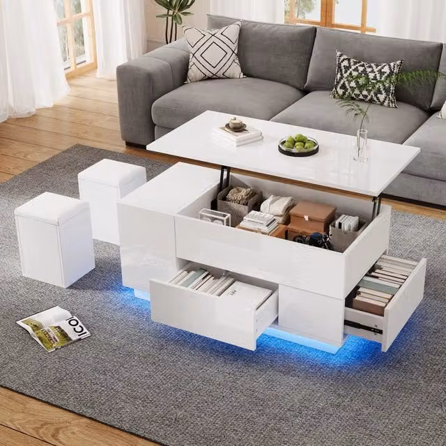 Tavolino da Salotto Sollevabile Bianco Lucido con LED e 2 Pouf 100x50x45 cm