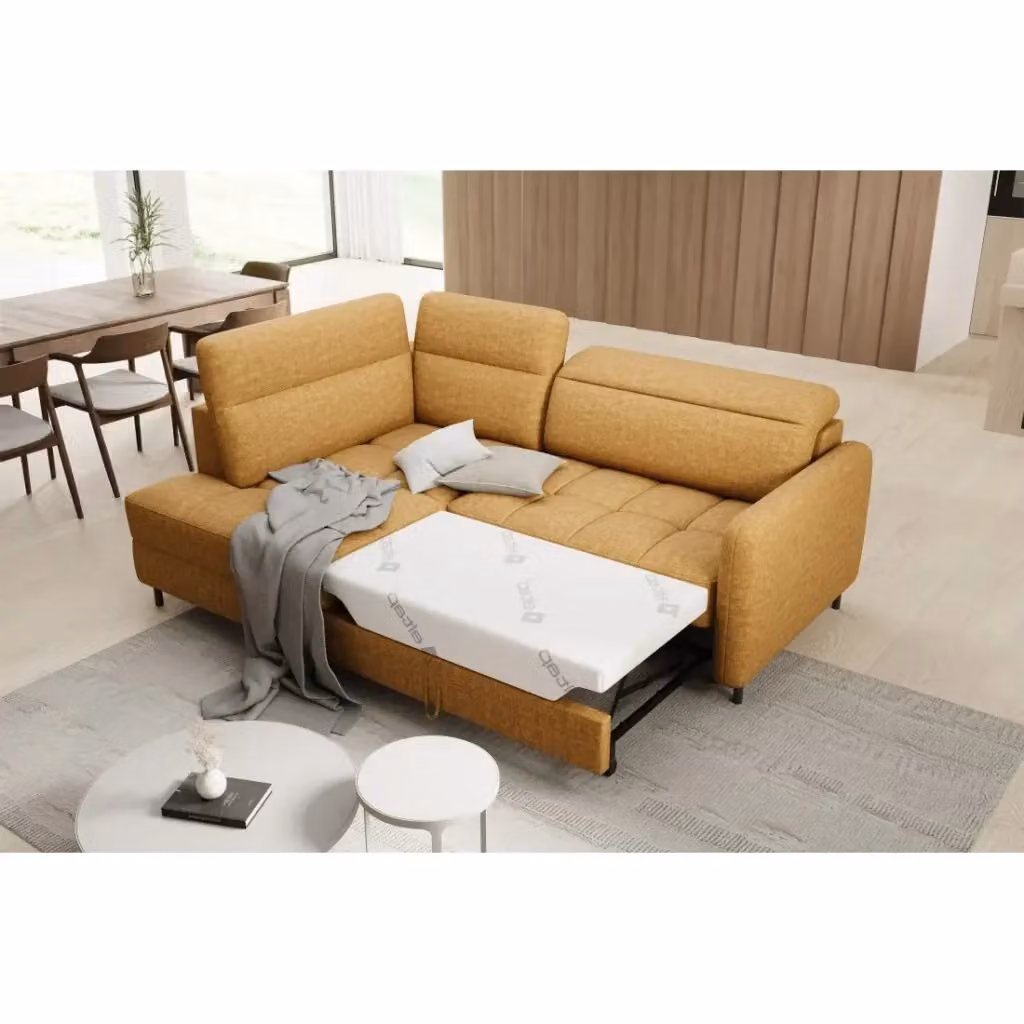 Divano angolare sinistro trasformabile BARNEA MEUBLORAMA color camel con contenitore, funzione letto e poggiatesta regolabile, L 208 cm x P 100 cm x H 114 cm – 2
