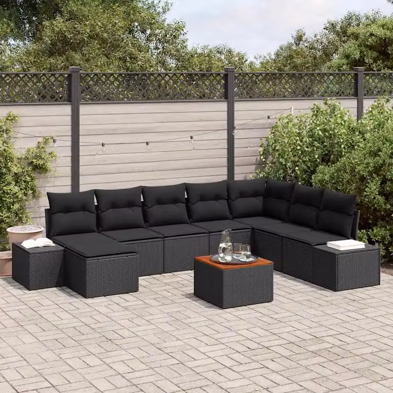 Set Divano da Giardino vidaXL 9 pz in Polyrattan Nero con Cuscini e Tavolino