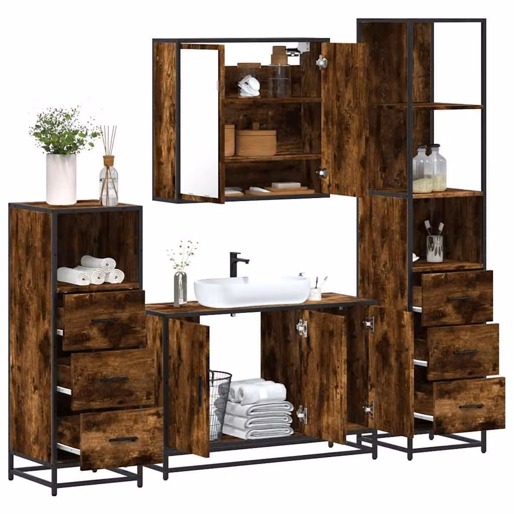 Set di mobili da bagno industrial vidaXL in legno e metallo marrone composto da armadietto con specchio, mobile lavabo, mobile laterale e colonna alta